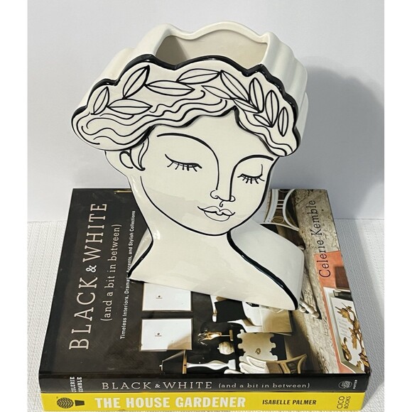 Elegant Head Ceramic Vase Planter Bridgerton Victorian Bust Black and White - Picture 4 of 17